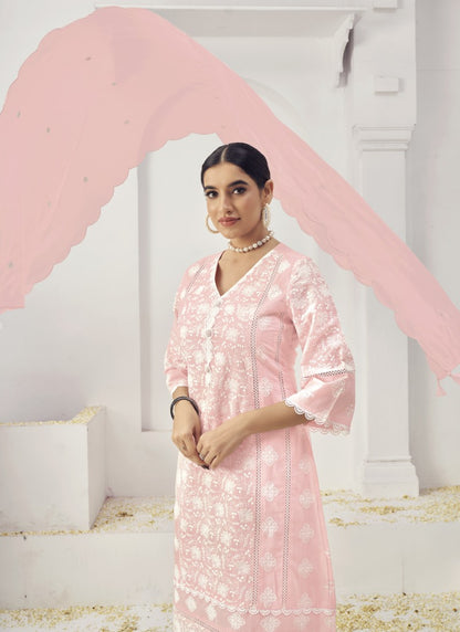 Pink Cotton Salwar Suit With Embroidery Work