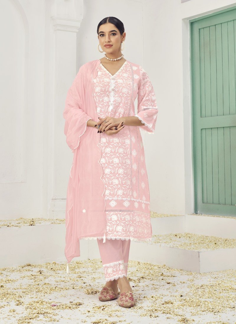 Pink Cotton Salwar Suit With Embroidery Work