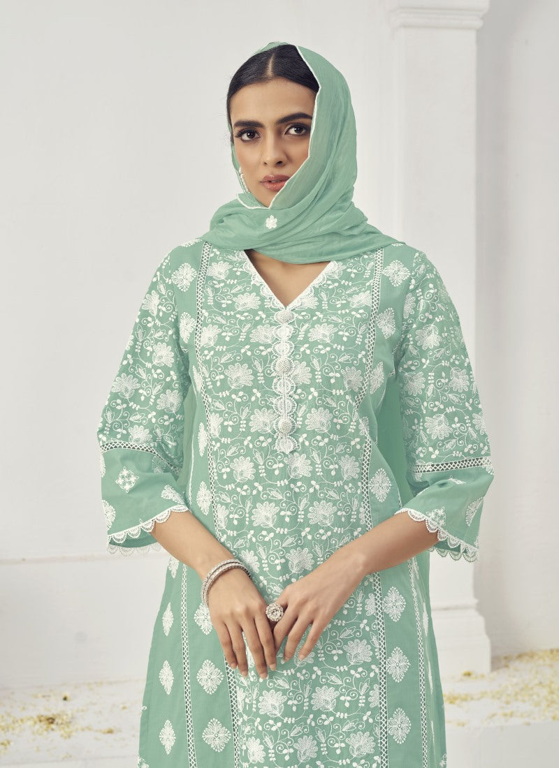 Green Cotton Salwar Suit With Embroidery Work