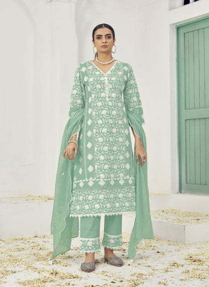 Green Cotton Salwar Suit With Embroidery Work