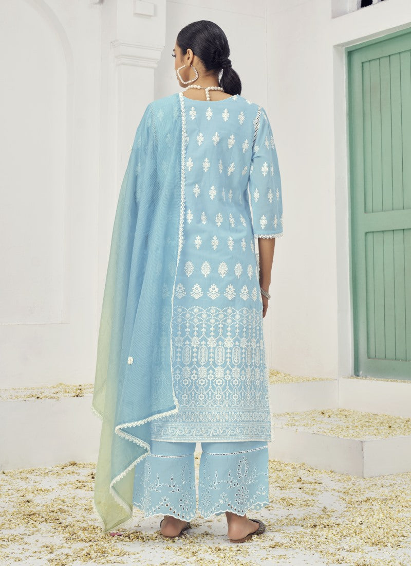 Sky Blue Cotton Salwar Suit With Embroidery Work