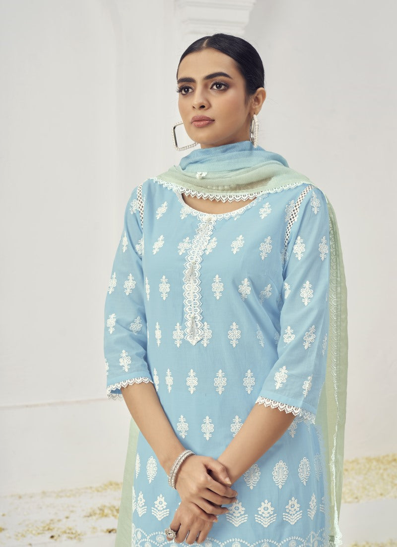 Sky Blue Cotton Salwar Suit With Embroidery Work