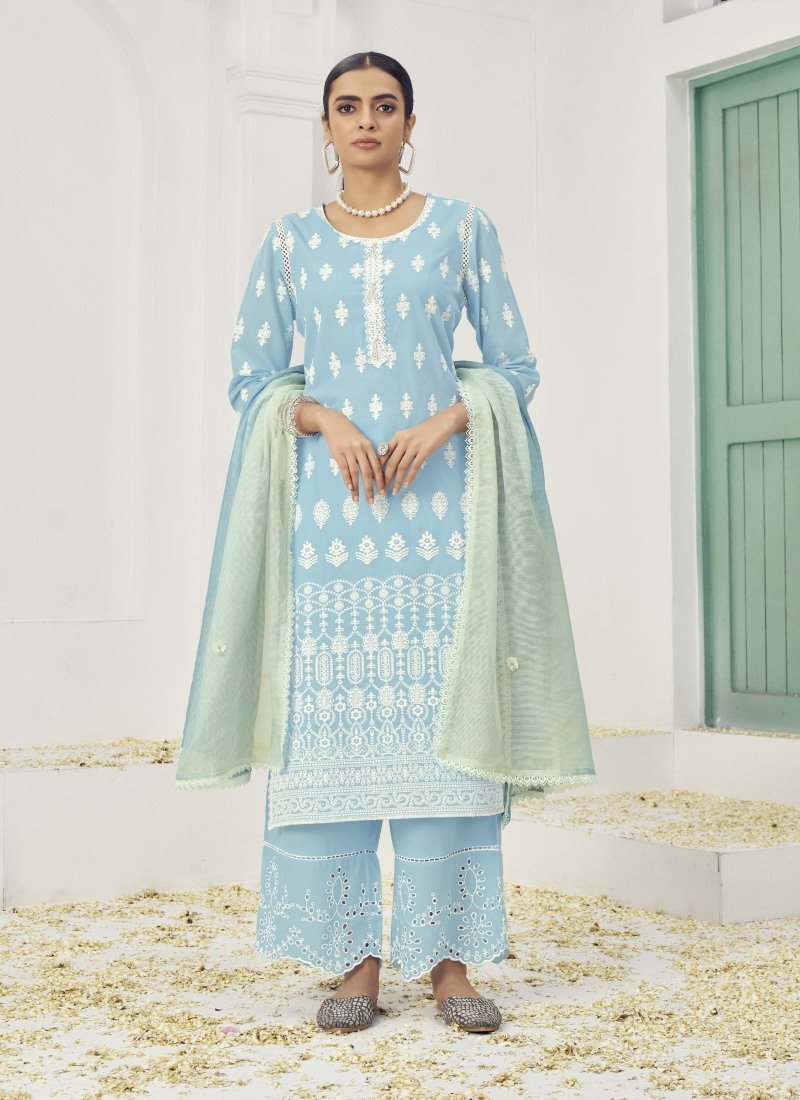 Sky Blue Cotton Salwar Suit With Embroidery Work