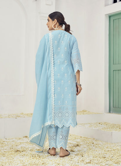 Sky Blue Cotton Salwar Suit With Embroidery Work