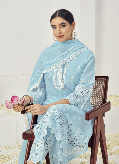 Sky Blue Cotton Salwar Suit With Embroidery Work