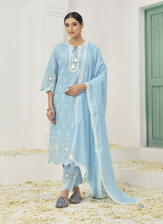 Sky Blue Cotton Salwar Suit With Embroidery Work