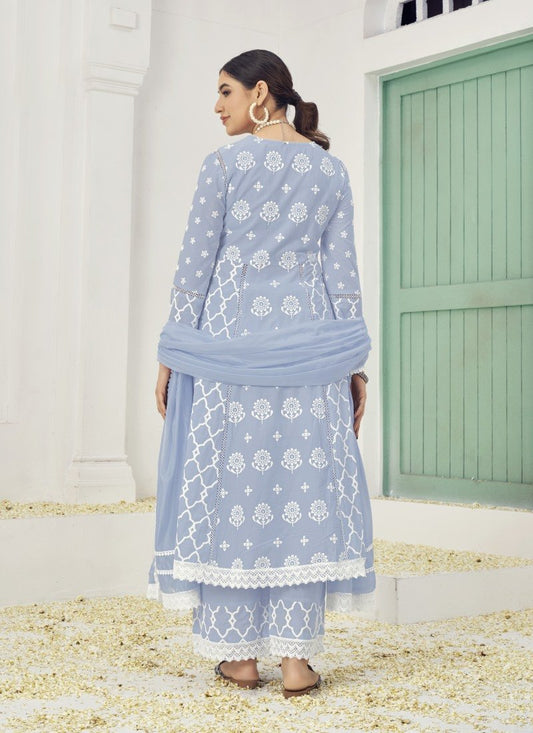 Sky Blue Cotton Palazzo Suit With Embroidery Work