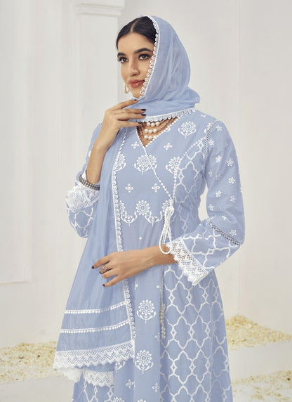 Sky Blue Cotton Palazzo Suit With Embroidery Work