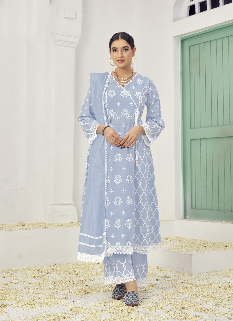 Sky Blue Cotton Palazzo Suit With Embroidery Work