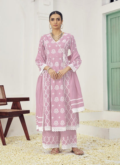 Pink Cotton Palazzo Suit With Embroidery Work