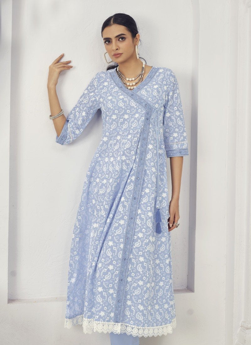 Sky Blue Cotton Palazzo Suit With Embroidery Work