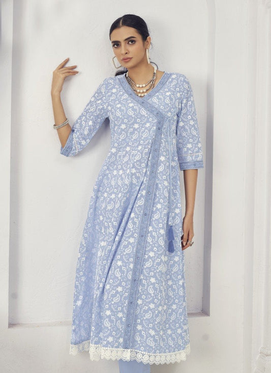 Sky Blue Cotton Palazzo Suit With Embroidery Work
