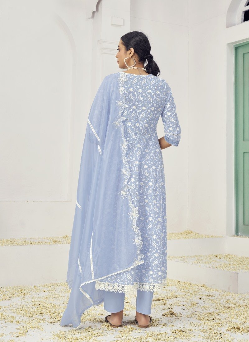 Sky Blue Cotton Palazzo Suit With Embroidery Work