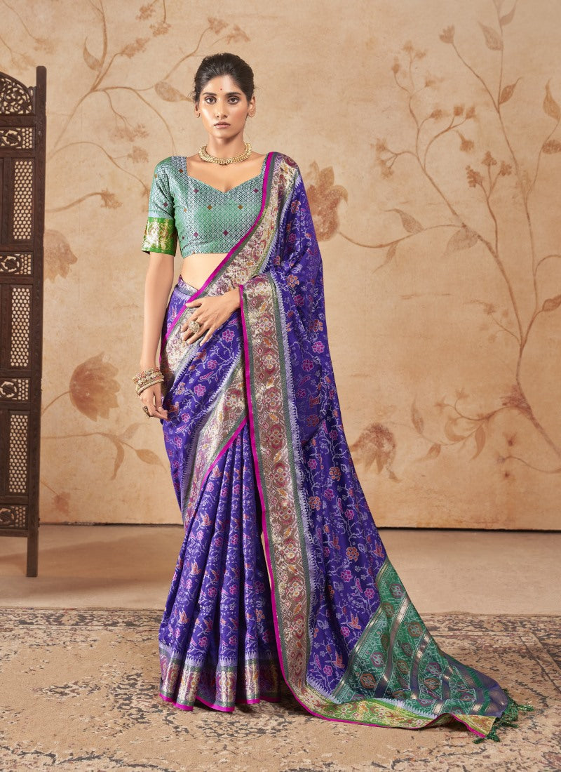 Blue Patola Silk Sreee with Embroidered Lace Work