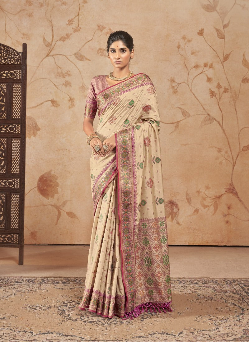 Beige Patola Silk Sreee with Embroidered Lace Work