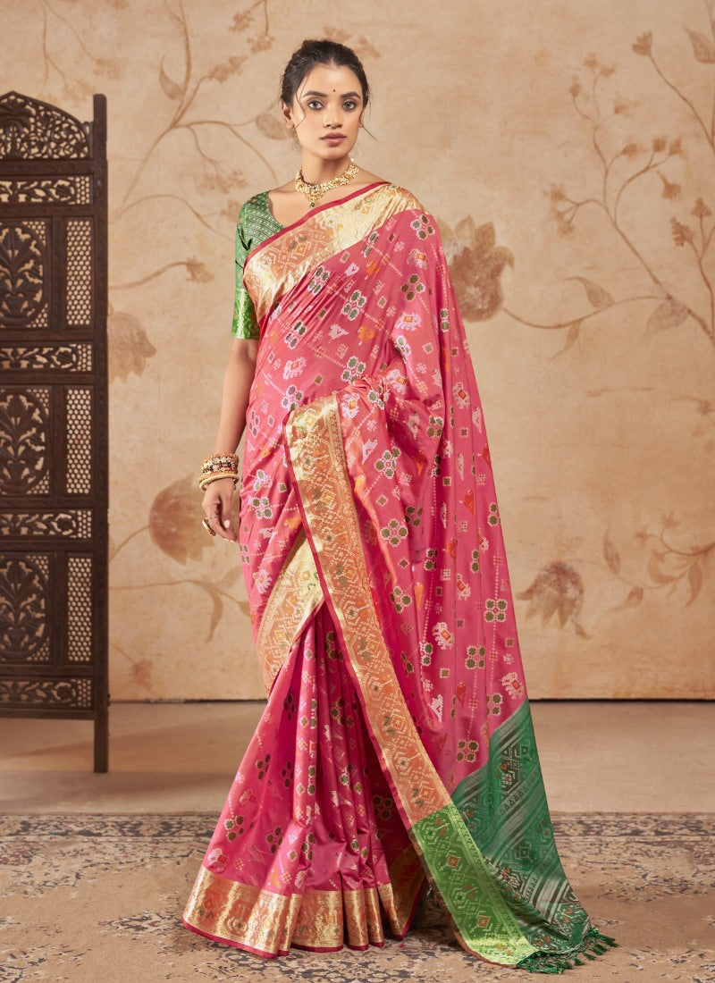 Pink Patola Silk Sreee with Embroidered Lace Work