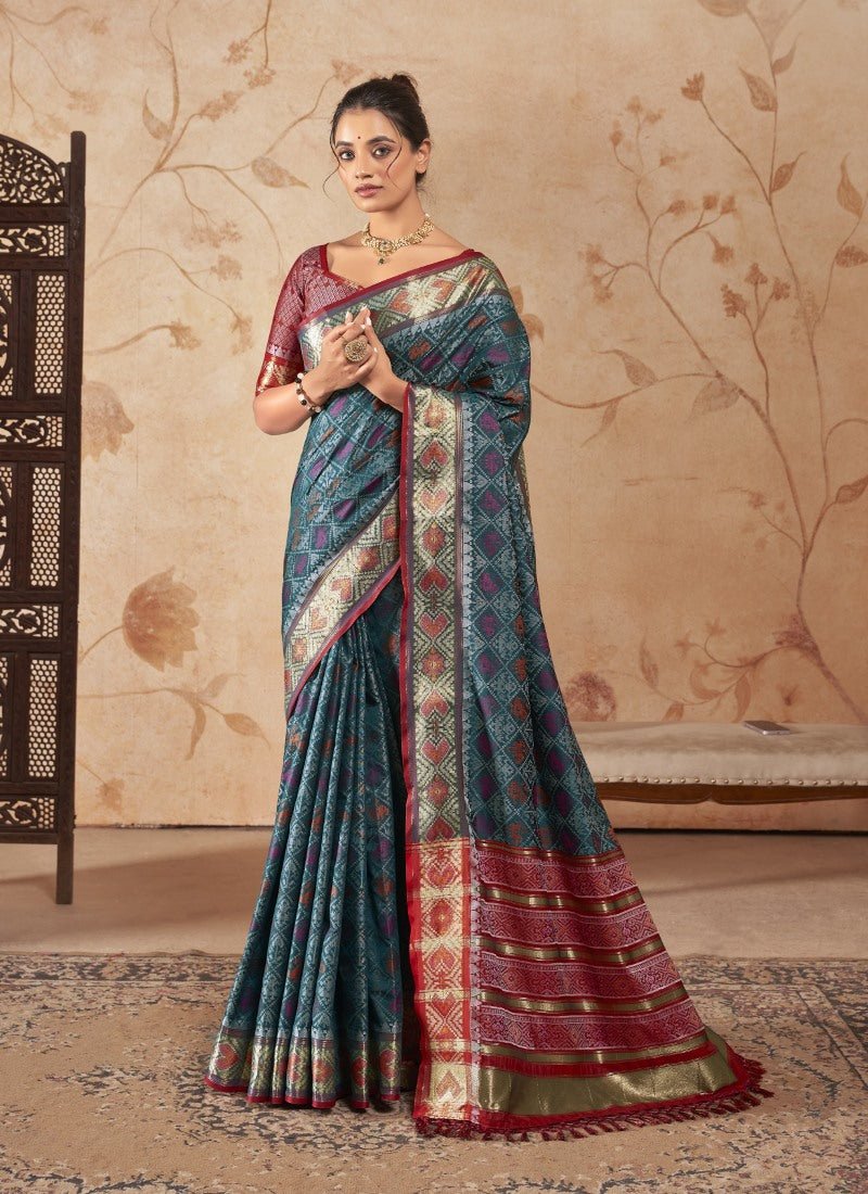 Teal Blue Patola Silk Sreee with Embroidered Lace Work