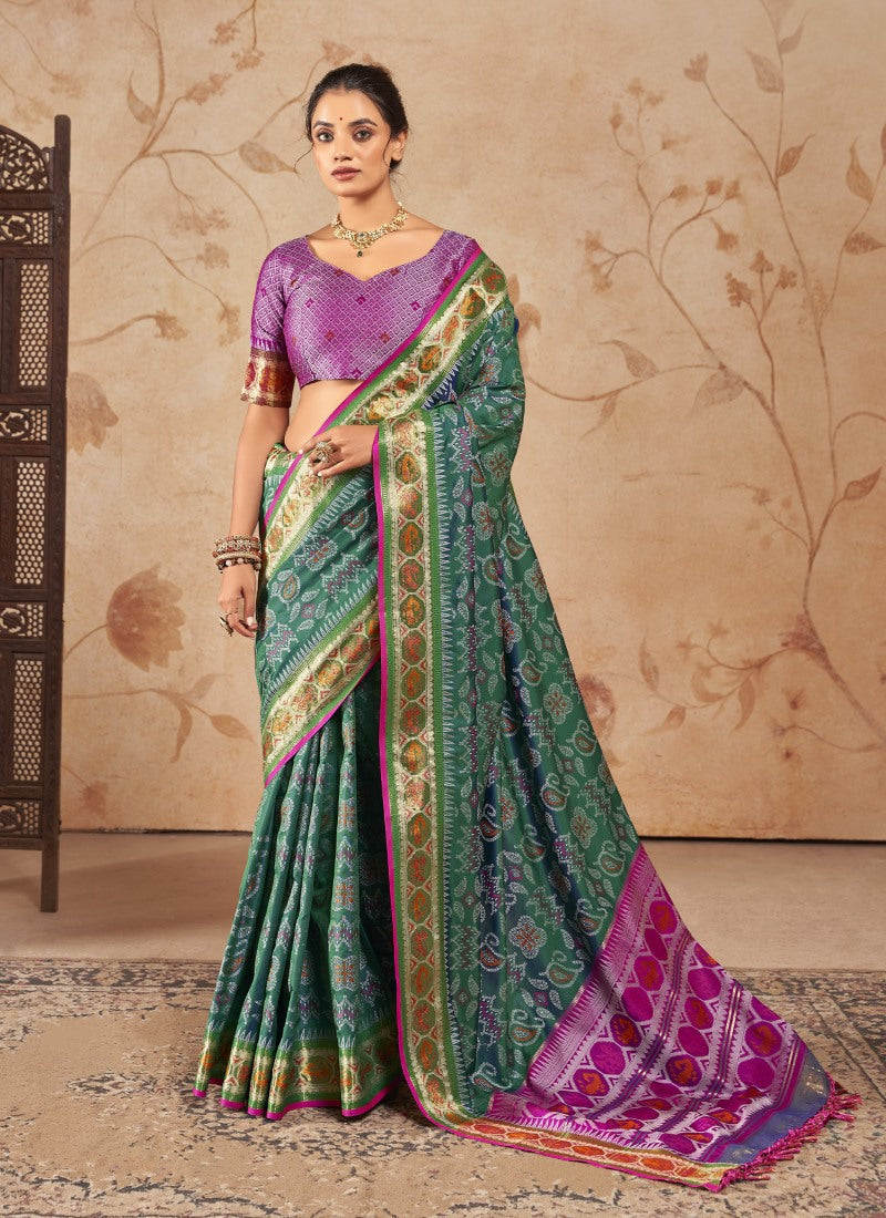 Green Patola Silk Sreee with Embroidered Lace Work