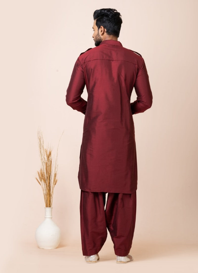 Maroon Men's Pathani Kurta