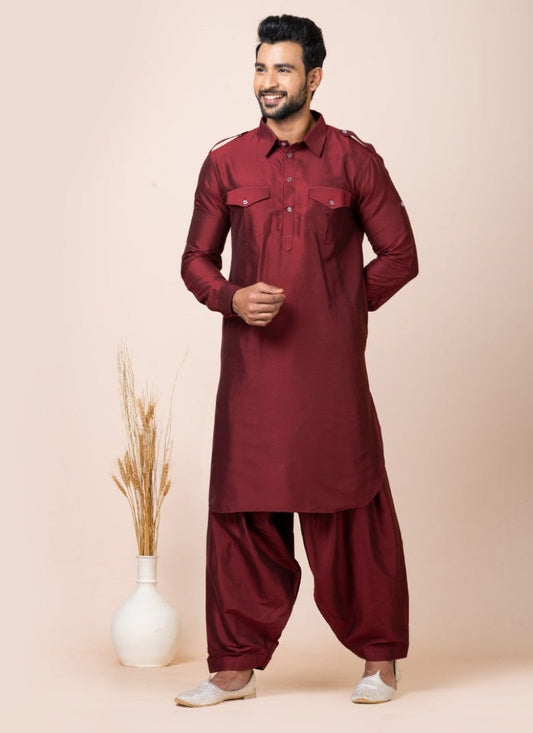 Maroon Men's Pathani Kurta