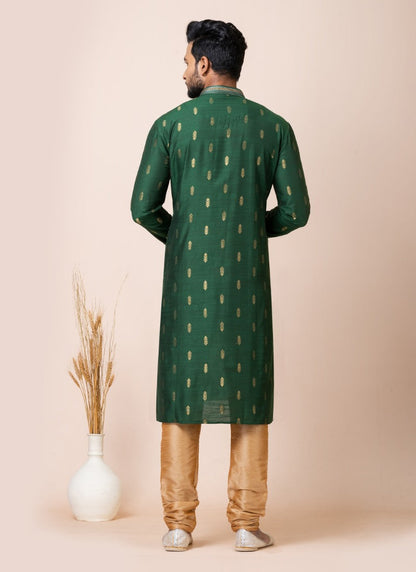 Green Jacquard Silk Kurta With Churidar