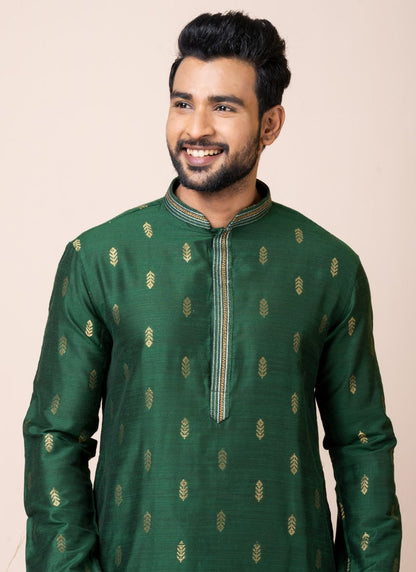 Green Jacquard Silk Kurta With Churidar