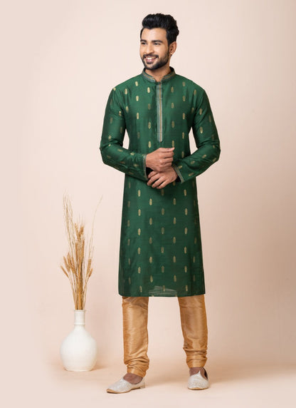 Green Jacquard Silk Kurta With Churidar