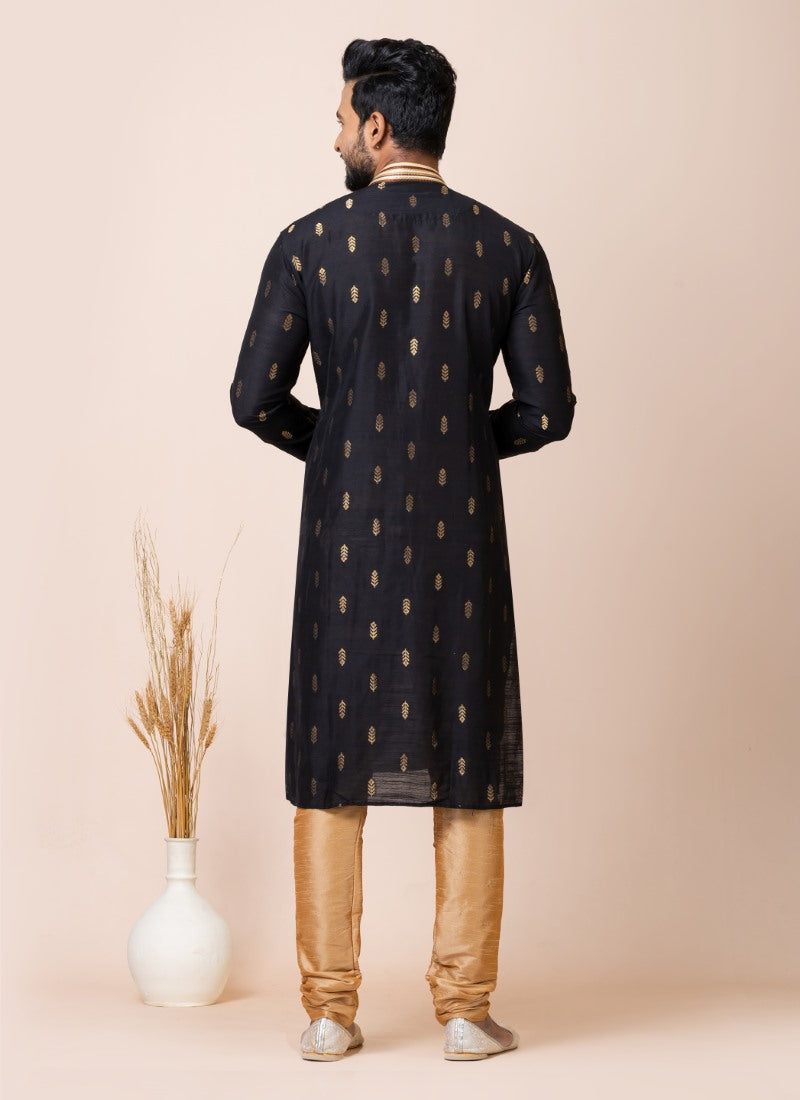 Black Jacquard Silk Kurta With Churidar