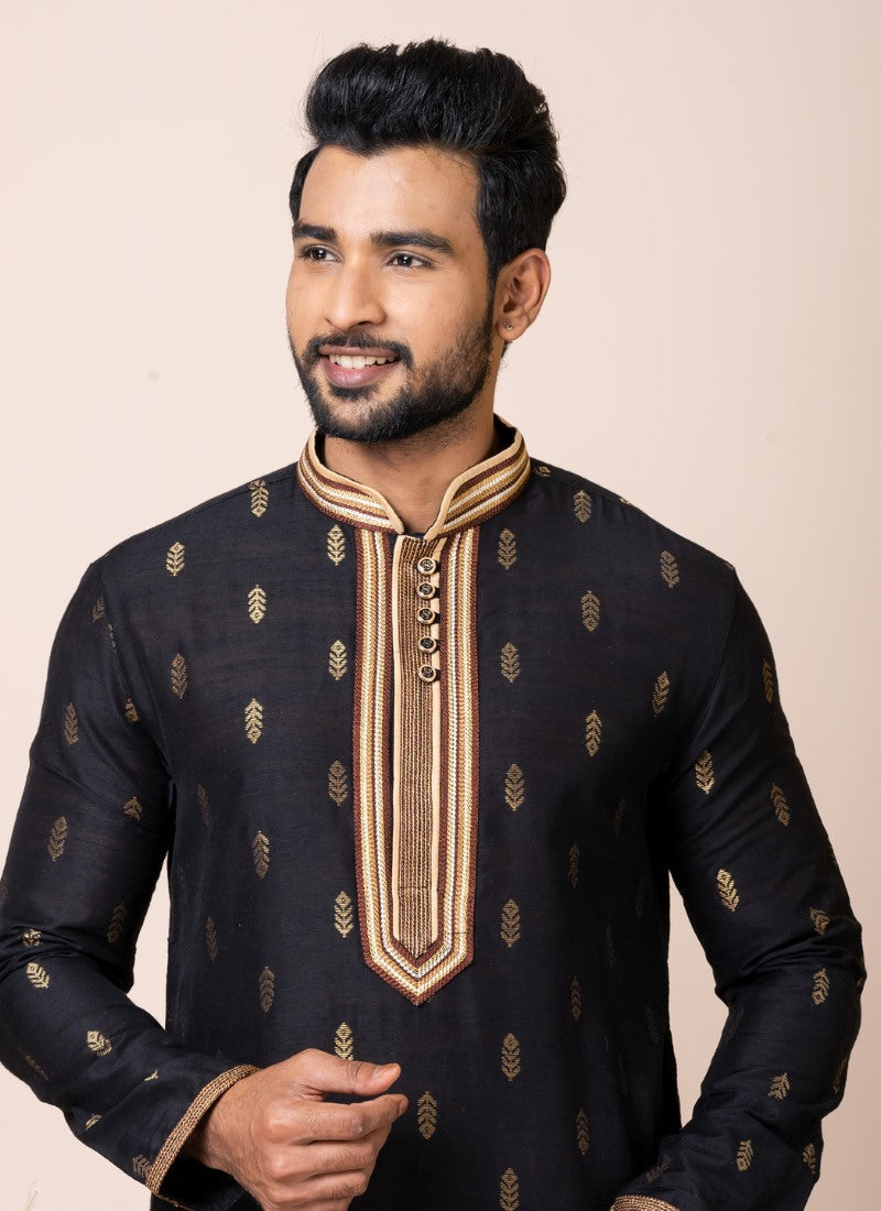 Black Jacquard Silk Kurta With Churidar