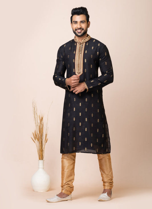 Black Jacquard Silk Kurta With Churidar