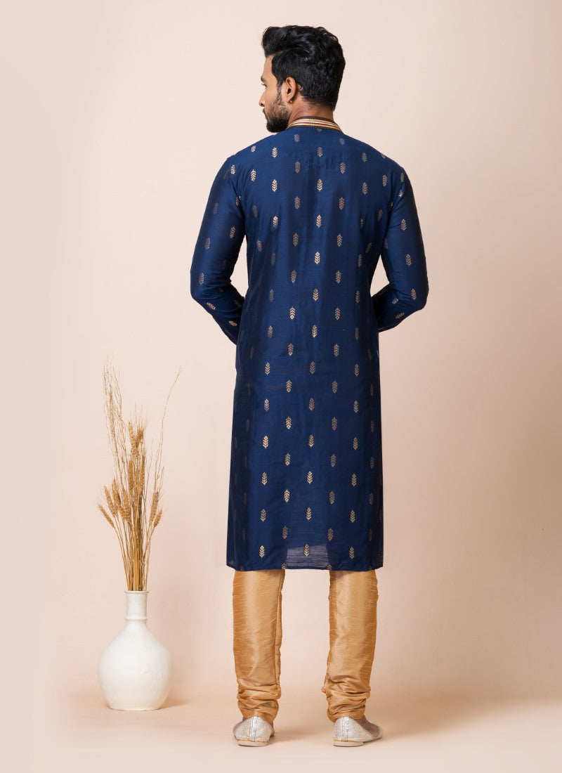 Blue Jacquard Silk Kurta With Churidar