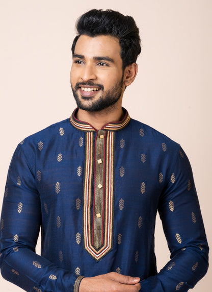 Blue Jacquard Silk Kurta With Churidar