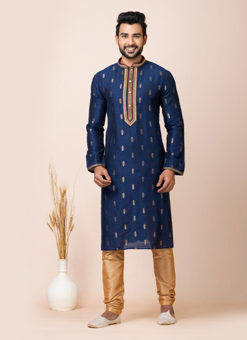 Blue Jacquard Silk Kurta With Churidar