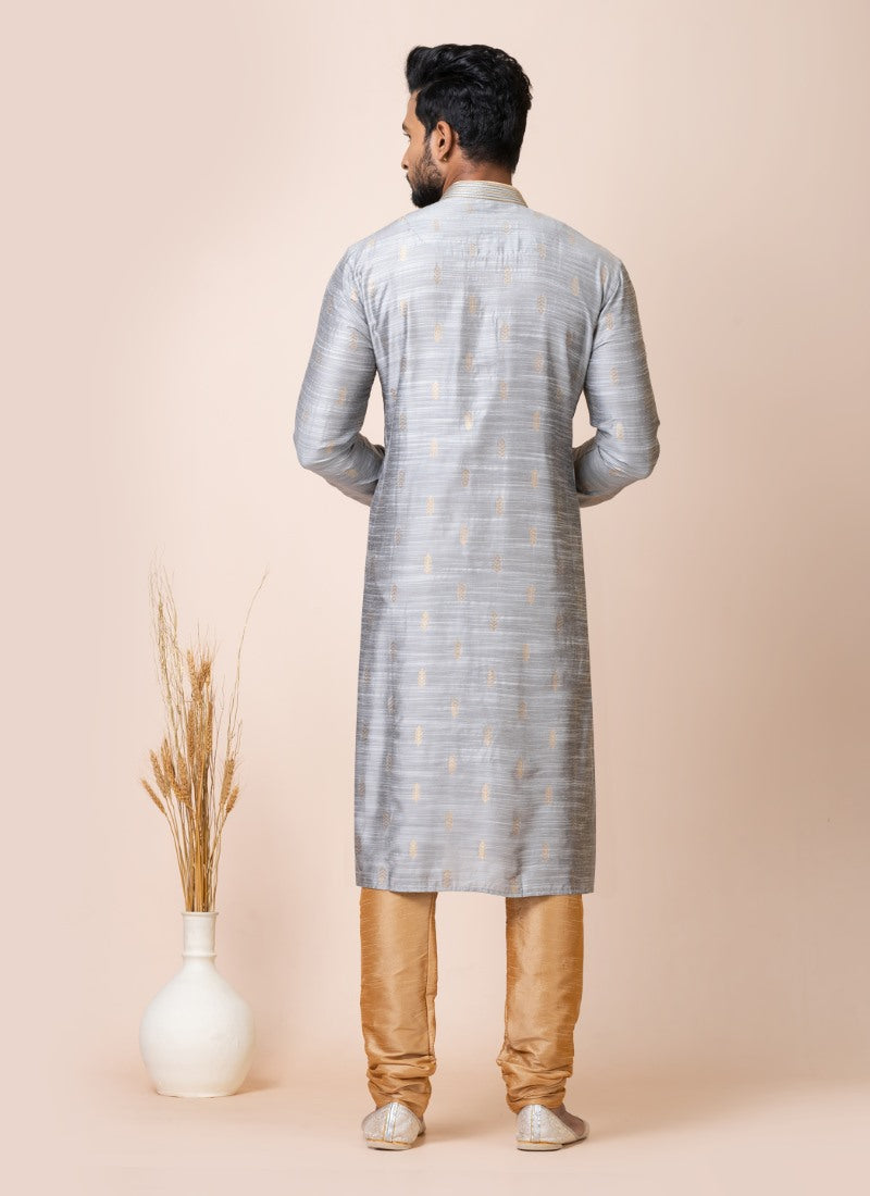 Grey Jacquard Silk Kurta With Churidar