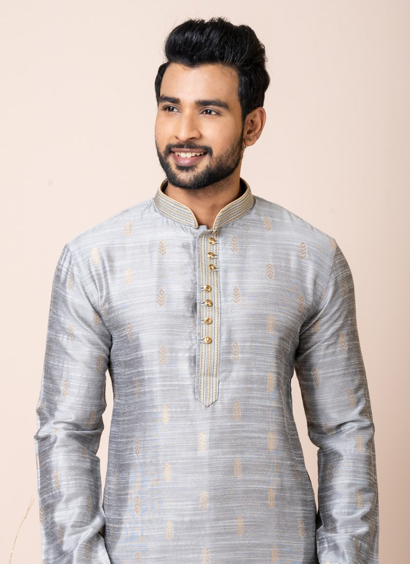 Grey Jacquard Silk Kurta With Churidar