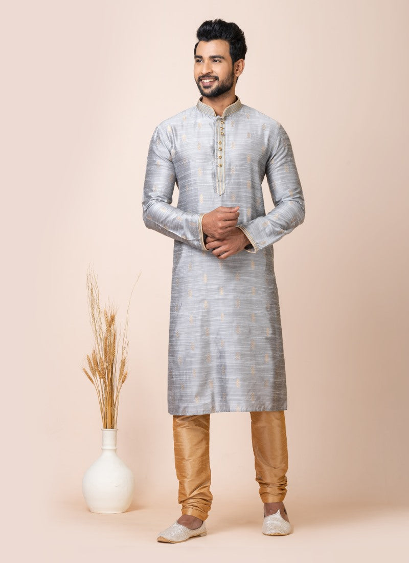 Grey Jacquard Silk Kurta With Churidar