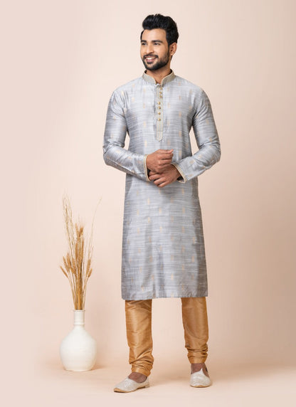 Grey Jacquard Silk Kurta With Churidar