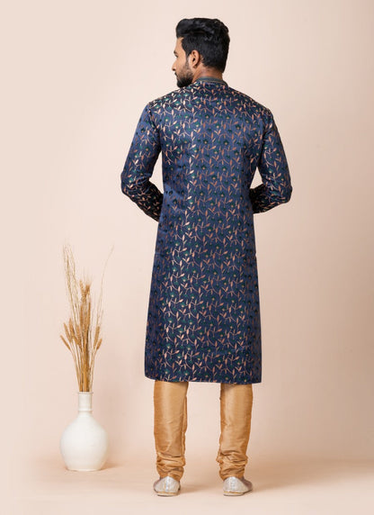 Navy Blue Jacquard Silk Kurta With Churidar