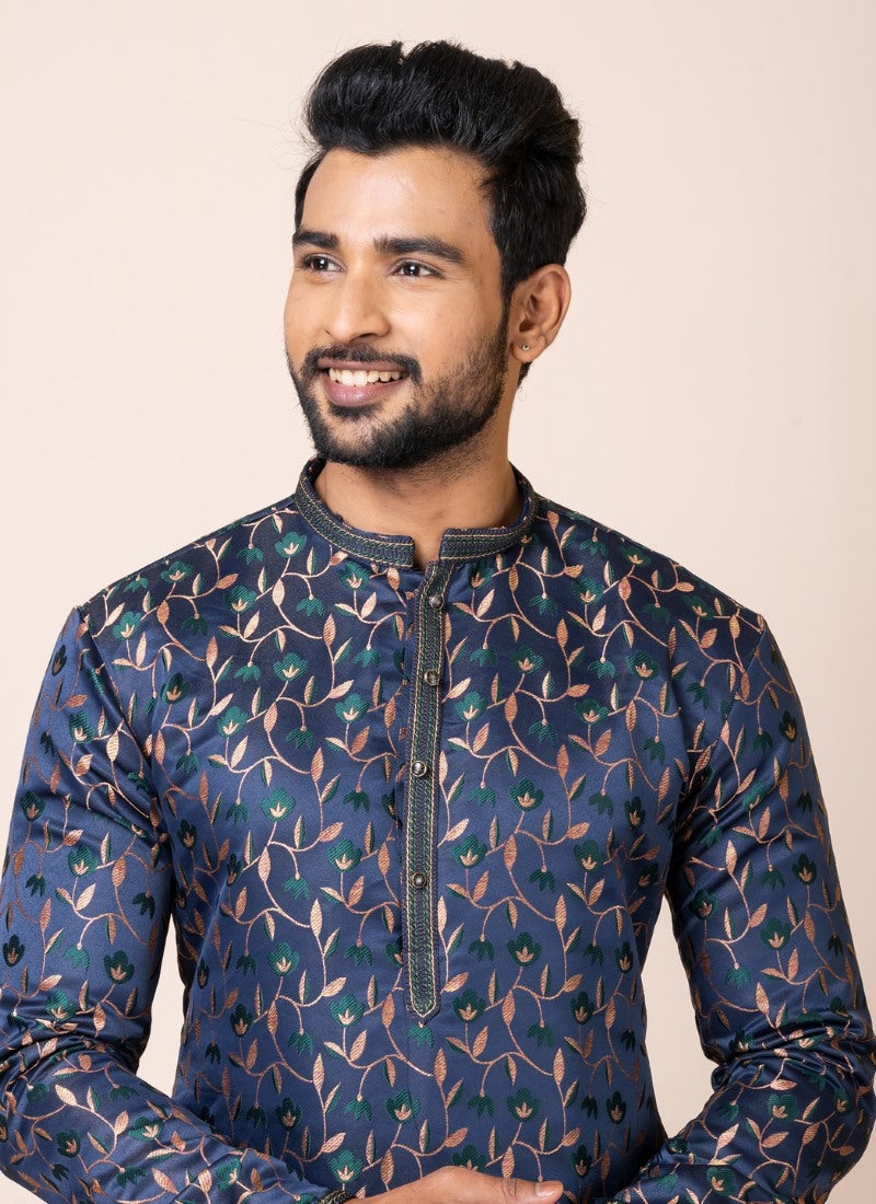 Navy Blue Jacquard Silk Kurta With Churidar