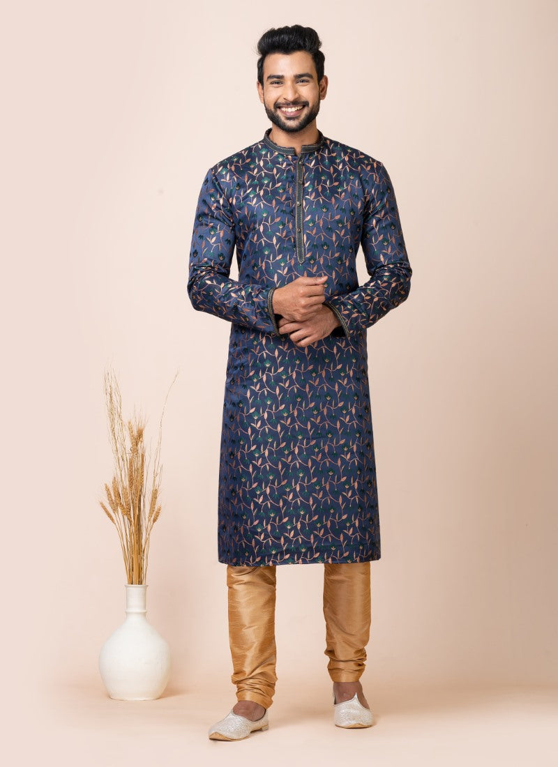 Navy Blue Jacquard Silk Kurta With Churidar