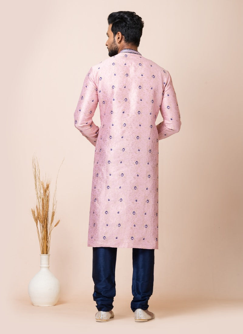 Pink Jacquard Silk Kurta With Churidar