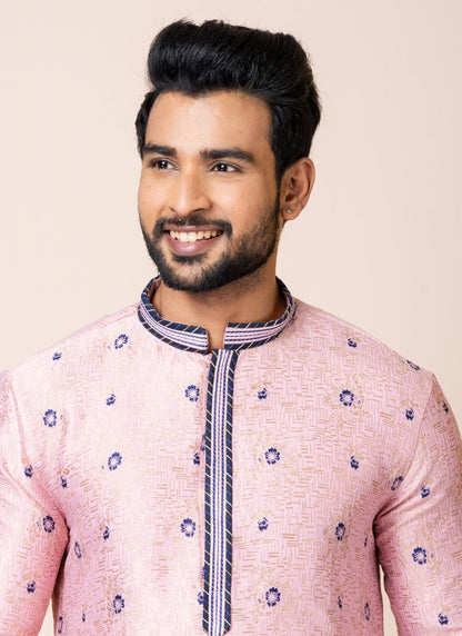 Pink Jacquard Silk Kurta With Churidar