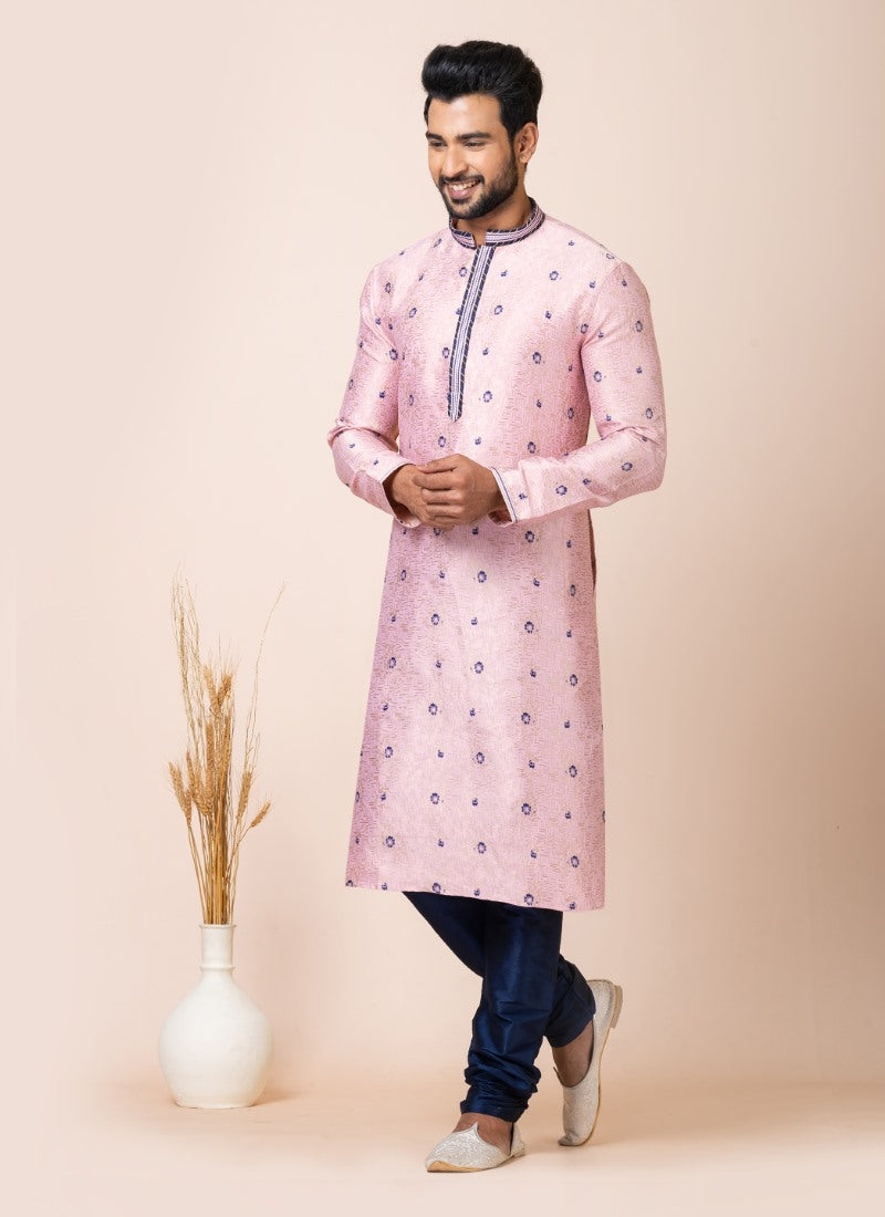 Pink Jacquard Silk Kurta With Churidar