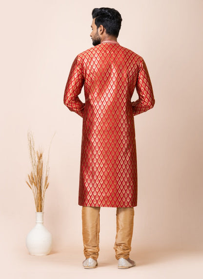 Red Jacquard Silk Kurta With Churidar