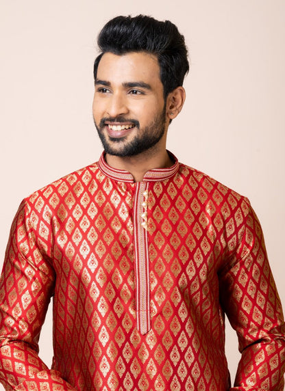 Red Jacquard Silk Kurta With Churidar