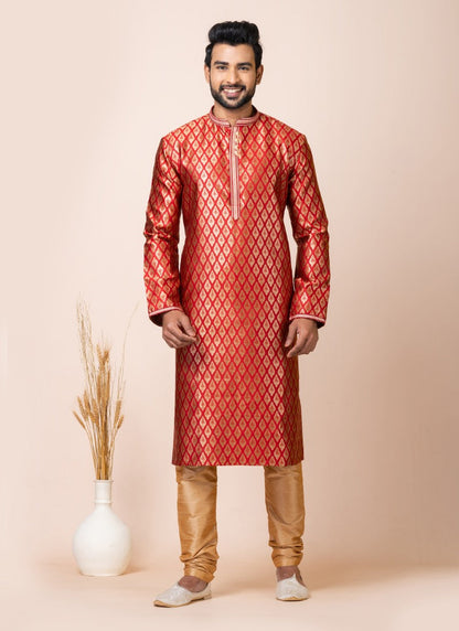 Red Jacquard Silk Kurta With Churidar