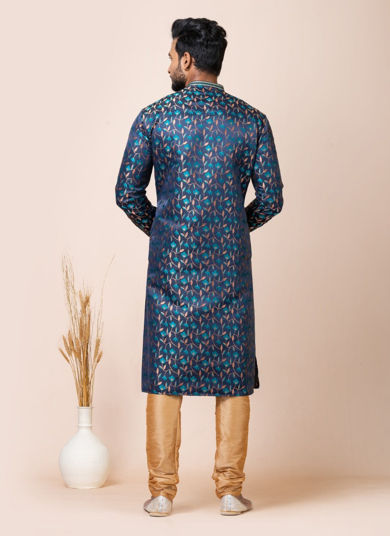 Navy Blue Jacquard Silk Kurta With Churidar