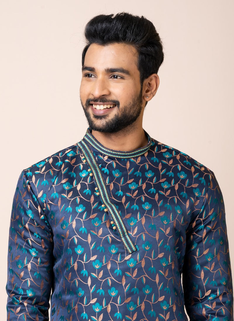 Navy Blue Jacquard Silk Kurta With Churidar