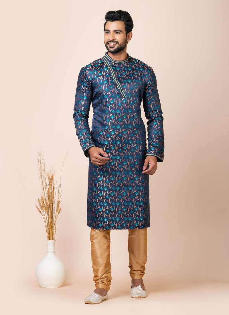 Navy Blue Jacquard Silk Kurta With Churidar