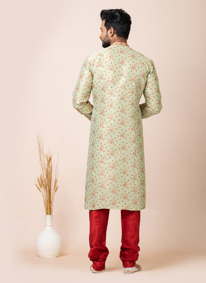 Green Jacquard Silk Kurta With Churidar